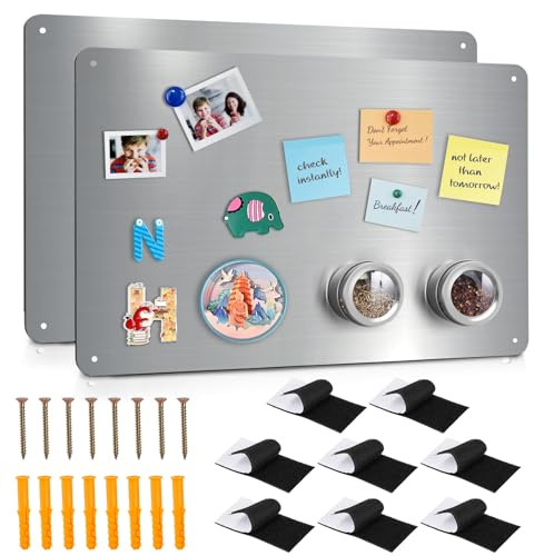 Bekith 2 Pack Stainless Steel Magnetic Board, 17.1 x 11.8 Magnet Bulletin Board to Display Magnetic Letters Numbers, Notes, Poetry, Photos, Spice Jars, Suitable for Wall, Refrigerator, Cabinet