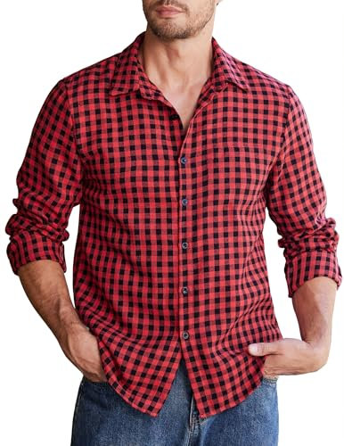 COOFANDY Herren Langarm Kariertes Hemd Casual Freizeithemd Regular Fit Flanell Männer Karo Hemden Button Down Trachtenhemden Rot-Schwarz L