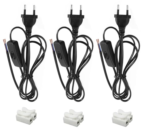 3 Pièces Cordon avec Interrupteur 1,8 m Câble de Connexion avec Euro Fiche, 2 x 0,75 mm²,2 x Câbles de Lampe avec Interrupteur pour Lampes, Lampes de Table, lampadaires (Noir)