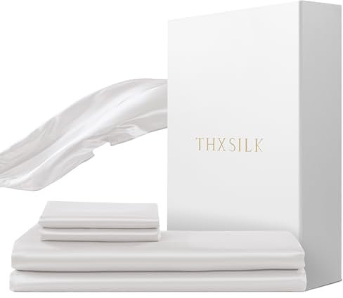 THXSILK Silk Bed Linen Set, 2-Piece, Duvet Cover 155 x 220 cm and 40 x 80 cm Pillowcase, Luxury Silk Bedding Set, Super Soft and Smooth, White