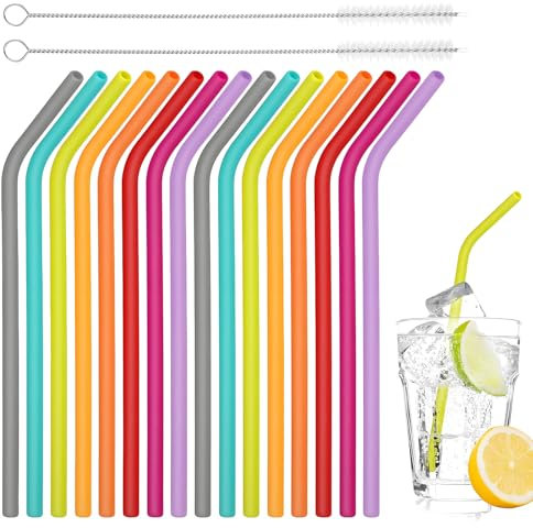 16 Stück Silikon Strohhalme,Wiederverwendbar,Silikon Strohhalme,Silikonstrohhalme,Strohhalme,Mit 2 Strohhalm Reinigungsbürste, Extra Langer, Flexibler, Kürzbarer Trinkhalm Für Cocktails, Säfte