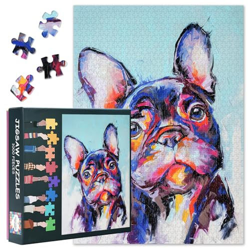 Puzzle bouledogue français de 1000 pièces comme œuvre d'art, portrait de chien mignon avec accents de couleur, puzzle en papier de qualité supérieure pour adultes XXL, impression animale moderne