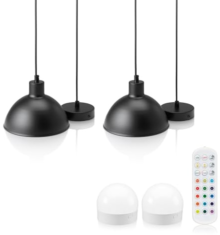 Auraglow Rechargeable Wireless Pendant Light with Remote – Cordless, Battery-Powered, Dimmable, Colour-Changing (Black, 2 Lamps, 2 Light Sources, 1 Remote)