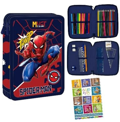 PASO - Federmäppchen 2 Fächer - Mäppchen für Jungen - Federmappe 2-Fach Federtasche Gefüllte Schüleretui Schulmäppchen und Hausaufgabenheft - Spiderman