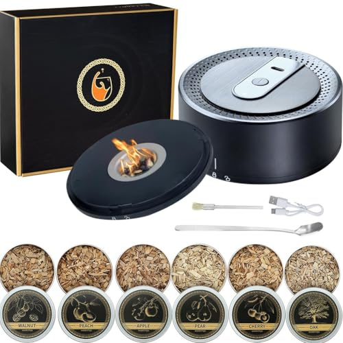 Fangxuee Kit de Ahumador Eléctrico de Whisky con 6 Astillas de Madera, Kit de Ahumador de Cócteles Recargable con Encendedor Incorporado, para Hombres, Papás y Esposos.
