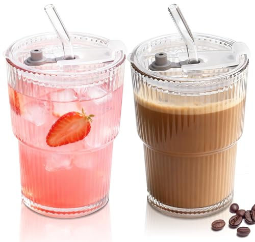 Solinorex Set da 2 Bicchieri con Coperchio e Cannuccia - 400 ML Bicchieri da Matcha, Tazza con Coperchio per Caffè, Succhi e Frullati