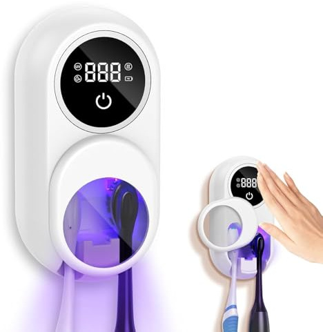 Ankilo UV Sterilisator Zahnbürstenhalter, Automatische Drehungserkennung, LED-Bildschirm, Trockner, Wandhalterung für elektrische Zahnbürste,für 2 Zahnbürstenschlitzen,hellweiß