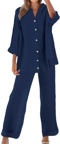 Completo Donna Elegante Casual Cotone E Lino Pantalone Lungo Estivo Tuta Elegante Tinta Unita Larghi Camicia + Pantaloni Palestra Curvy Set Due Pezzi Comodo Primavera Maniche 3/4 Set Spiaggia