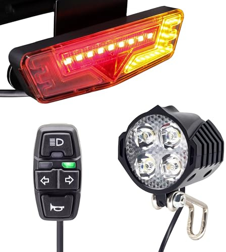 EBike Light Kit with Turn Signals, Front Headlight 400 Lumens, Rear Taillight fits Rack Holes 80mm, Handlebar Control Switch, for E-Bike and Electric Scooter 12V-48V