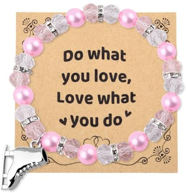 Sudaporn Figure Skating Bracelet for Her Inspirational Positive Gifts Ice Skate Charm Beaded Bracelet Team Skater Skating Gift Ice Skating Prayer Bracelet for Instructor Coach Appreciation Gift Pink