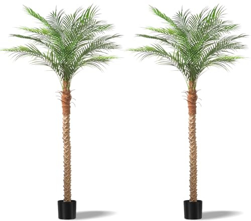Artificial Phoenix Palm Tree 7ft Tall 2 Set – Large Fake Palm Tree with 15 Adjustable Leaves, Outdoor Indoor Faux Sago Palm Plant for Living Room Patio Poolside Yard Decor