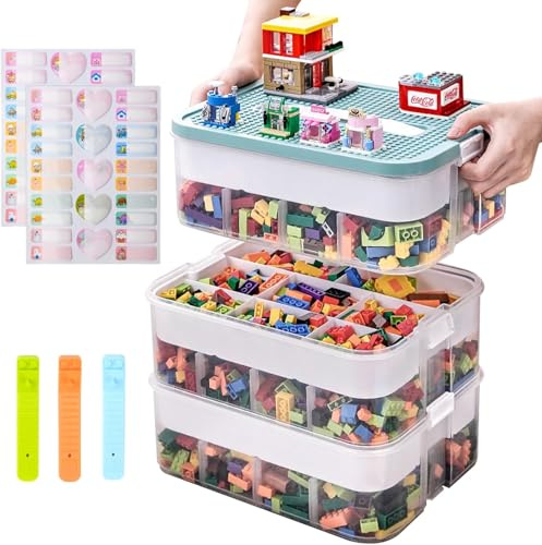 TEGOVE Scatole di Plastica per Lego, 3 Strati Trasparenti Scatola Giochi per Bambini con Scomparti,Contenitori Mattoncini Impilabili,per Riporre i Giocattoli dei Bambini (Solo scatola)