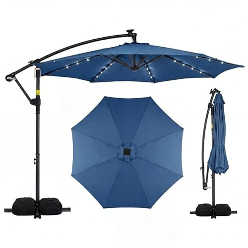 COSTWAY Sombrilla Terraza Exterior con Base, Parasol Excentrico con 32 Luces LED, Rotación de 360°, Manivela, Sacos de Arena, Sombrilla Jardín Grande para Patio Terraza (300 x 300 cm（con Luz）,Azul)