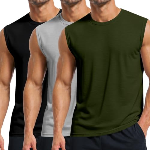 Holure Men's Cotton Gym Tank Tops 3 Pack, Sleeveless Workout T-Shirts, Muscle Training Vest, Breathable Stretch Crew Neck Shirts, Black/Grey/Green-3P02- L