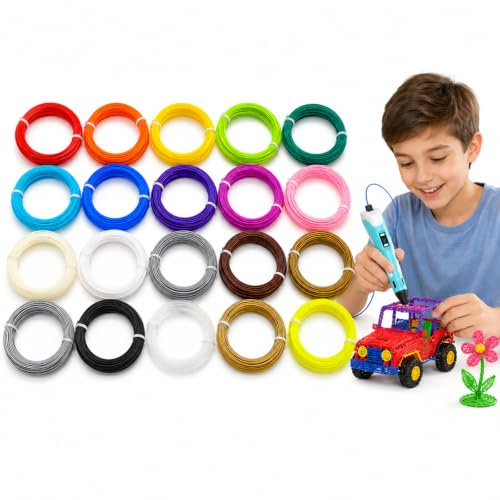3D Pen Filament Refills 1.75mm PLA, 20 Colors, 5m Per Colour, 100m Total | High Temp Threads, Random Assorted Colour Pack, For Art, Crafts, School Projects & DIY Modelling, For 3D Printing Pen
