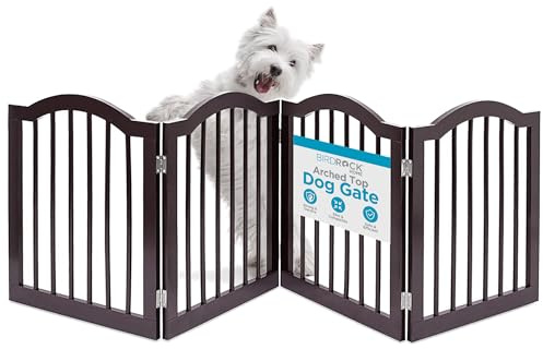 INTERNET'S BEST Arched Top Dog Gate | 4 Panel, 24 H Wooden Pet Barrier for Dogs or Cats | Freestanding Folding Room Divider for Doorways, Hallways, Stairs, and Porch | Portable, Extra Wide | Espresso