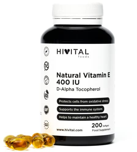Vitamine E Naturelle 400 UI (D-Alpha Tocophérol). 200 capsules d'huile pour plus de 6 mois de traitement. Fabriqué avec 400 mg de Vitamine E Naturelle. Fabriqué en Europe par HIVITAL
