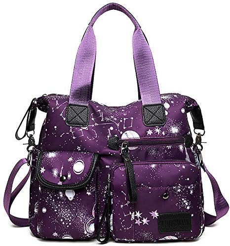 Women's Tote Bag with Multiple Pockets & Zipper,Nurse Bags for Work Nursing Bag,Nylon Tote Handbag for Women,Large Shoulder Handbag Purse,Waterproof Galaxy Cross body Bag for Travel (Purple)