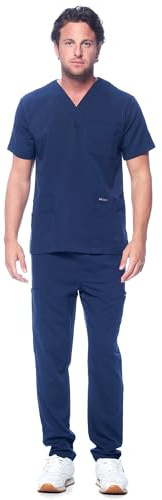 Dagacci Medical Uniform Unisex Women and Men’s V-Neck Super Stretch Scrub Set, Navy, 2XL