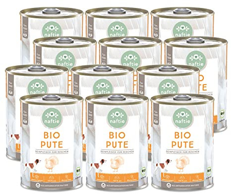naftie Bio Hundefutter 100% Bio-Pute - Reinfleischdosen Pute pur - Nassfutter für Hunde zum Mischen - glutenfrei, getreidefrei - Sparpaket 12x 400g