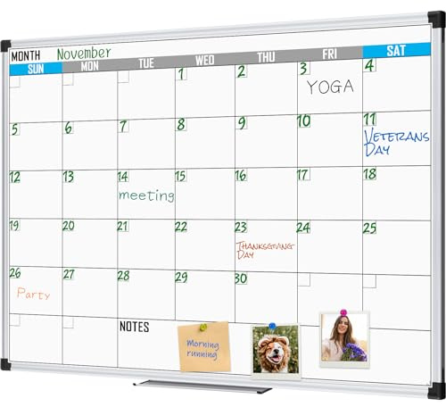 XBoard Magnetic Calendar Whiteboard 48 x 36 - Monthly Calendar Dry Erase Board, White Board + Colorful Calendar Board, Silver Aluminium Framed Monthly Planning Board