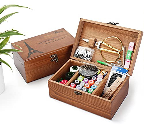MKNZOME Holz Nähset - Premium Nähanzugbox mit kompletten Nähzubehör für Ausbessern von Kleidung, DIY Hobby Haushalt Nähwerkzeuge für Oma Mutter Mädchen Anfänger, Tragbare für Reise und Notfall#3