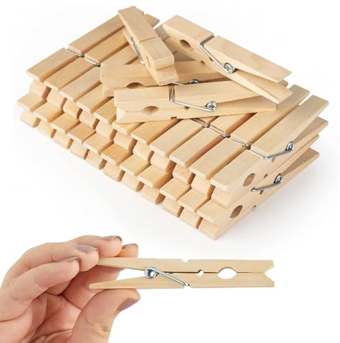 60 Wooden Clothes Pegs for Washing Line | Laundry Pegs with Metal Coil Spring for Small Laundry Items | Wooden Pegs for Washing Line, DIY Projects & Woodcrafts | UK Traditional Laundry Pegs