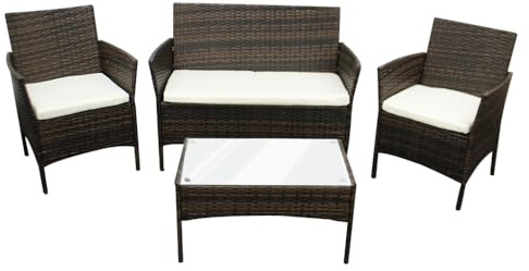 Rattan Garden Furniture Sofa Set with Coffee Table Chairs 4 Seater for Outdoor Patio Balcony 6210-B (Brown +Beige Cushions)