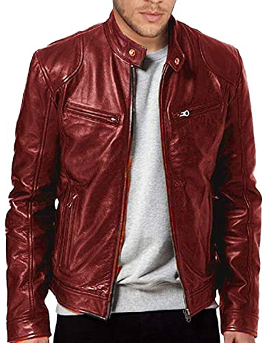 Men's Leather Biker Jacket - Vintage Leather Jacket Men Motorcycle - Stand Collar Distressed Leather Bomber Jacket Men