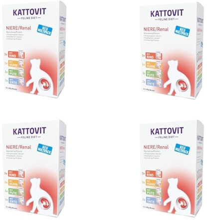 Kattovit Niere/Renal Multipack | 4er Pack | 4 x 12 x 85 g | Diät-Alleinfuttermittel für Katzen mit 4 verschiedenen Sorten im Frischebeutel | Zur Untersützung der Nierenfunktion