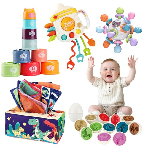 XAZASTOV Juguetes Montessori Bebes 6-12 Meses, 5 en 1 Sensoriales Juguetes Niños 1 Años, Educativos Juguete de Huevo de Dinosaurio/Vasos Apilable/Caja de Pañuelos/Pelota Sonajeros/Tirar de Cuerda