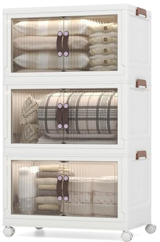 Multigot 3-Tier Folding Storage Box, 96L/225L Collapsible Stackable Storage Bins with Lid, Magnetic Doors & Lockable Wheels, Closet Organizer Plastic Storage Container for Living Room (65x40x110cm)