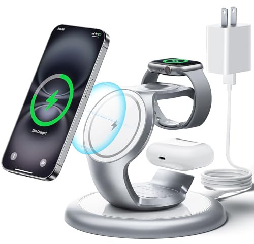 EXW Chargeur Induction 3 en 1 for iPhone 17/16/15/14/13/12/Pro/Max/Plus, Apple Watch, AirPods Pro 3/2, Station de Charge sans Fil Rapide, Chargeur 18W Inclus (Blanc)