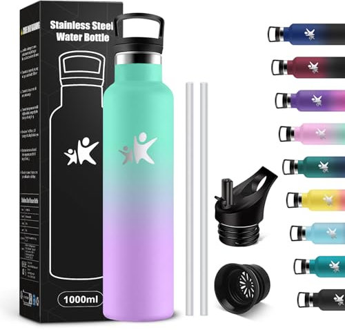 KollyKolla 1 liter termisk vattenflaska, BPA-fri, vattenflaska i rostfritt stål med sugrör, läckagesäker, återanvändbar, vattenflaskor för kontor, sport, cykling, arbete