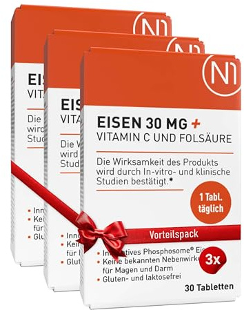 N1 Hierro 30 mg + tabletas de vitamina C y ácido fólico – Alta biodisponibilidad – 90 comprimidos – Alta dosis – Sistema inmunológico – Metabolismo energético
