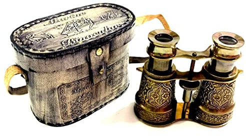Vintagestil mässingskikare med dekorativt fodral, operaglas i antik design med läderförvaringslåda