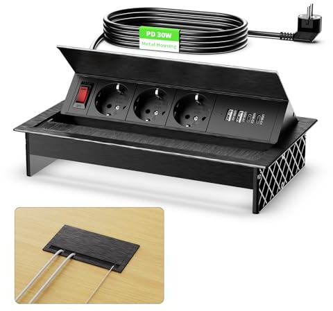 Multiprise Encastrable 2 USB C PD 30W, Aluminium Prise Encastrable Plan de Travail avec Interrupteur, Bloc Prise Escamotable pour Cuisines Bureaux Salle de Réunion, 1.8M Câble, Noir
