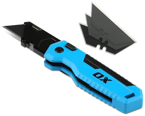 OX Pro Utility Folding Knife with 3 Spare SK5 Blades – Quick-Flip Action, Tool-Free Blade Change, Belt Clip & Tether-Ready, Aluminum Body with ABS Grip, Wire Cutter & Stripper, OX-P226101
