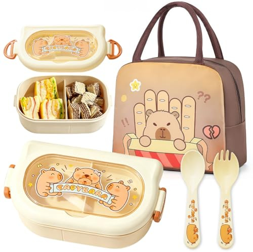 FCXVXCL Capybara Porta Pranzo, Capybara Lunch Box con Borsa Termica, Posate Scatole Bento Schiscetta Pranzo Bambino Snack Box Portatile Portapranzo per Picnic,Campeggio,Fitness,Uffici,Scuola