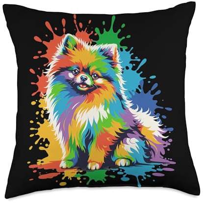 Rainbow Paint Splash Pomeranian Colorful Pom Puppy Throw Pillow