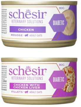 Schesir Dieta - Comida Húmeda para Gato - Dieta Diabético - Varias Mezclas Y Sabores - 8x80Gr (8x80Gr, 4X Pollo En Caldo 4X Pollo En Mousse)