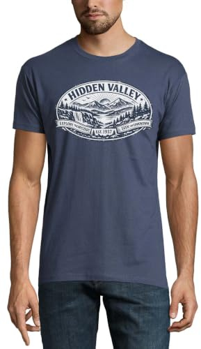 Scenic Mountain Valley med vattenfall utsikt rund hals bomull herr t-shirt denim