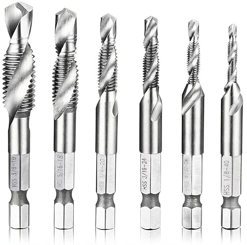 Hymnorq 6-Piece Combination Tap and Drill Bit Set with Dual Twist Flute and 118° Split Point, High-Speed Steel, 1/4 Hex Shank, Ranging from BSW 1/8-40 to BSW 3/8-16