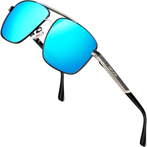SPLION Herren Fahrerbrille Polarisierte Sonnenbrille Rechteckige Metall Rahmen Blau 1823 UV400 CAT 3 CE