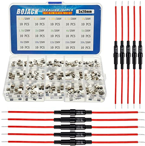 BOJACK 5x20 mm Fuse Holder Inline Screw Type with 16 AWG Red Wire + 15 Values 150 Pcs 5x20mm Fast Blow Glass Fuses 250 V 0.1 0.2 0.25 0.5 1 1.5 2 3 4 5 8 10 12 15 20 A Assortment Kit
