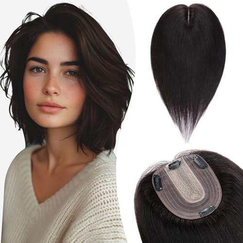 12 Pouces Complément Capillaire Femme Extension A Clips Toppers 40g Cheveux Humains Naturels 10 * 12cm Toupet Femme Avec Silk Top Base, #1B Noir Naturel