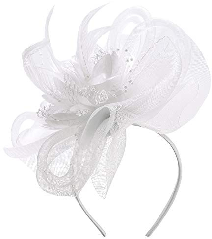 Flower Feather Fascinator Hat Wedding Cocktail Tea Party Mesh Net Veil Headband Bridal Shower Hair Clip Headpiece with Beads Ladies Pillbox Hat Costume Headwear Accessories for Royal Ascot Races