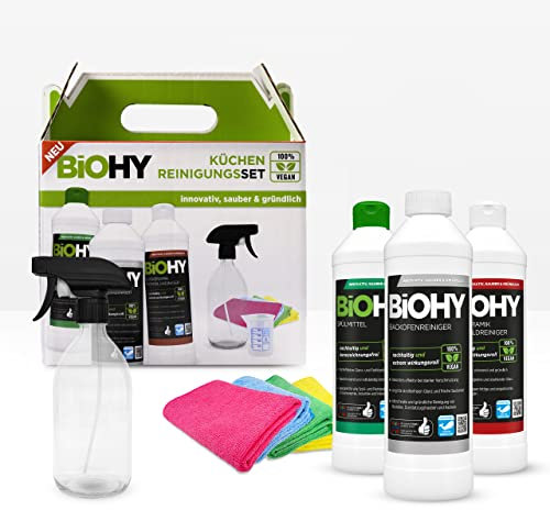 BiOHY Küchen-Reinigungsset | Bio Fettlöser Konzentrat | geeignet für den gesamten Küchenbereich | löst hartnäckige Verkrustungen | Glanz- & Fettlöseformel