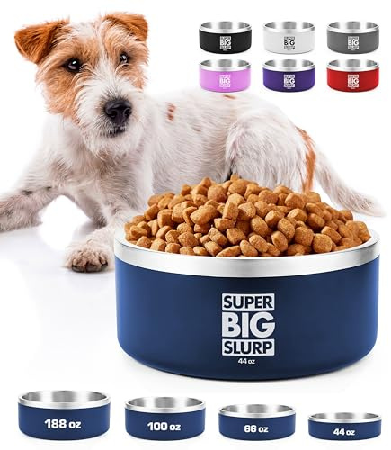 Tuff Pupper Heavy Duty Insulated Dog Bowl | Double Wall Stainless Steel Dog Food Dish | Non-Slip Spill Proof Dishwasher Safe Cat Bowl | Water Dish for Feeding Large Medium Small Pets (44oz, Blue)