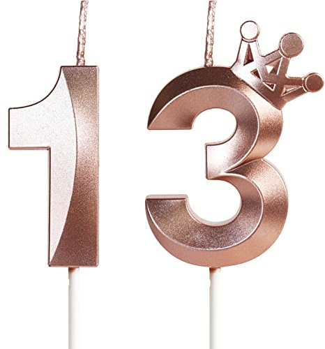 Vela de cumpleaños Con corona, número 13-2.36 pulgadas, color oro rosa, 2 unidad, Velas Cumpleaños Divertidas, Velas de Pastel Cumpleaños, Velas Doradas para Cumpleaños, Aniversario, Fiesta Temática